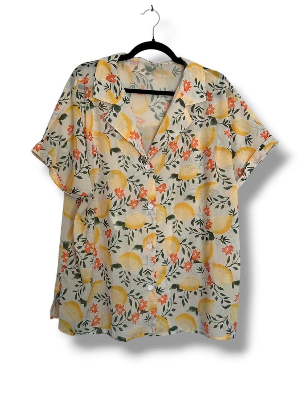 Sheer White Chiffon Lemon Fruit Floral Button Up Short Sleeve Blouse Shirt XL